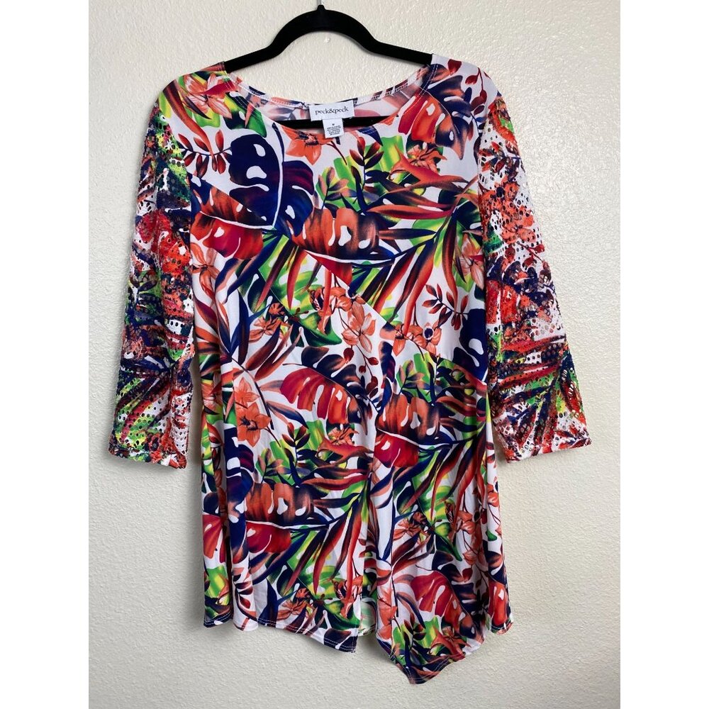 Peck & Peck Floral Tunic Top Women Size Medium Stretch Eyelet 3/4 Sleeve Boho